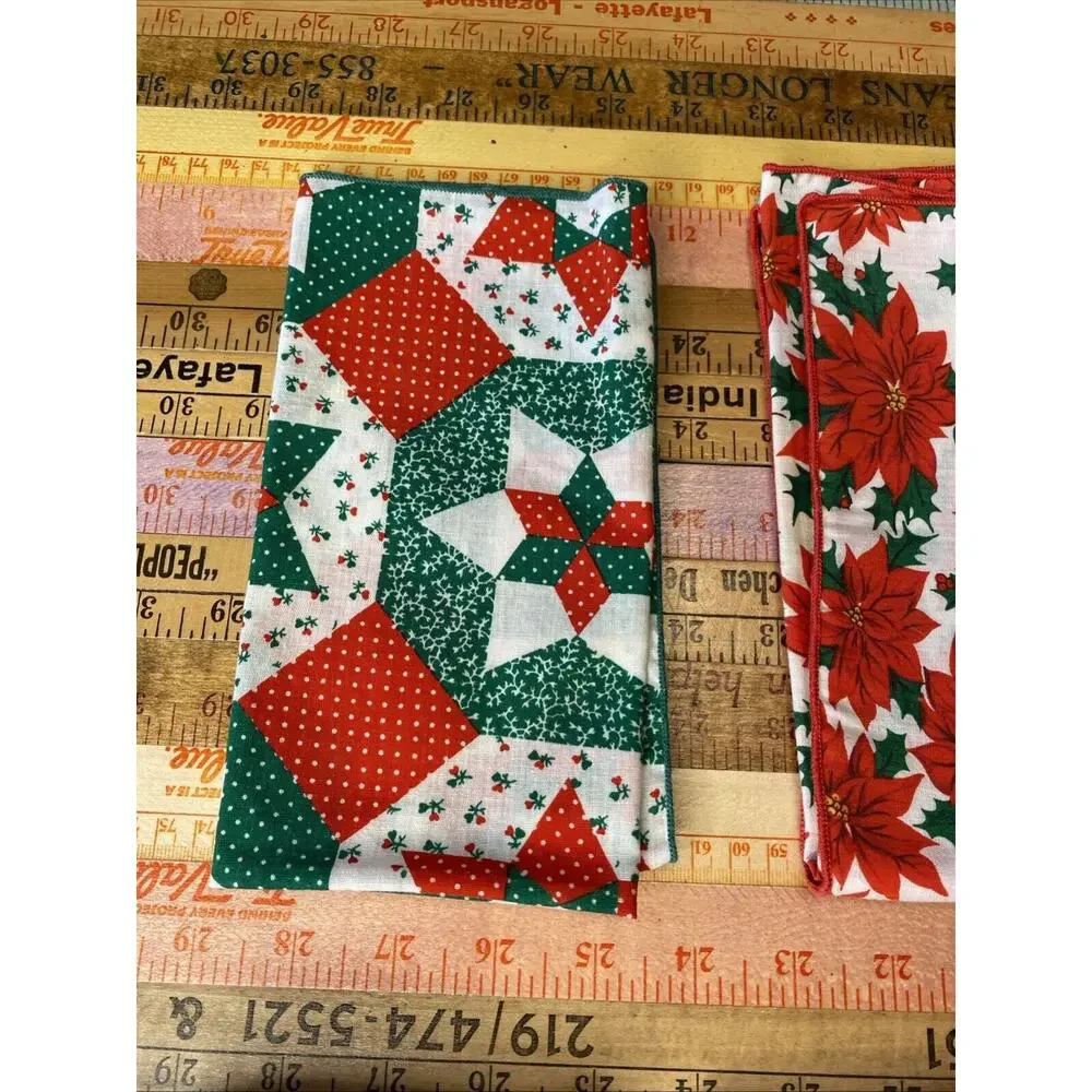 Vintage Christmas Napkins Cloth Set 8 Red Holly Poinsettia Patchwork Retro